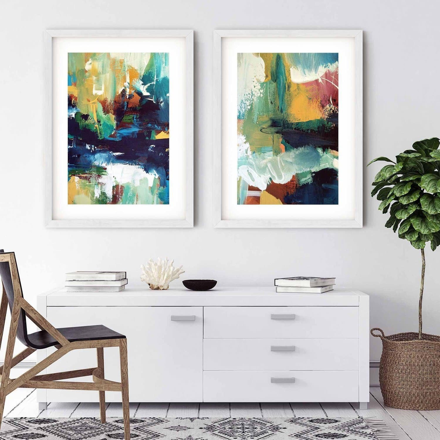 Image of Vibrant Abstracts In Teal And Gold - Print Set Of 2