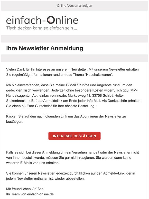 Ihre Newsletter Anmeldung bei einfach-online.de
