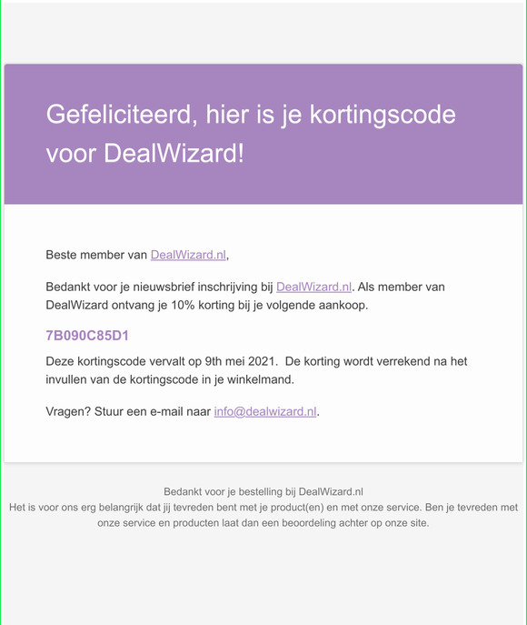 Gefeliciteerd, hier is je kortingscode voor DealWizard!