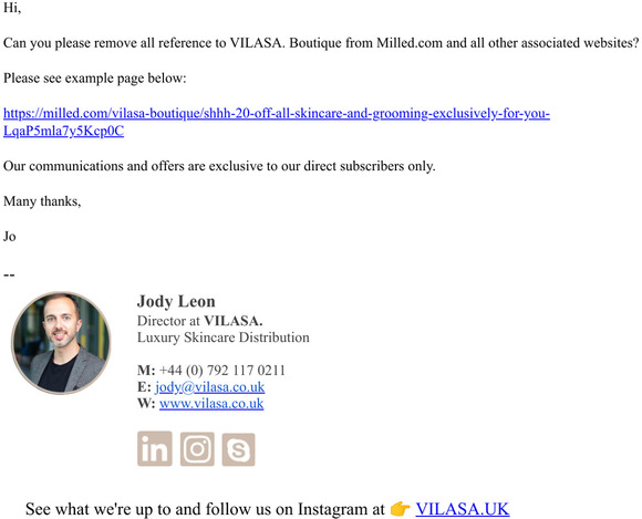 Removal of VILASA. Boutique from Milled.com