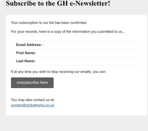 Global Herbs  - eNewsletter list: Subscription Confirmed