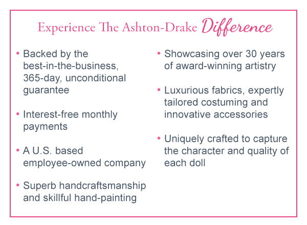 Experience The Ashton-Drake Difference: Backed by the best-in-the-business, 365-day, unconditional guarantee Interest-free monthly payments A U.S. based employee-owned company Superb handcraftsmanship and skillful hand-painting Showcasing over 30 years of award-winning artistry Luxurious fabrics, expertly tailored costuming and innovative accessories Uniquely crafted to capture the character and quality of each doll 