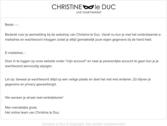 Welkom bij Christine le Duc. Hierbij je accountgegevens