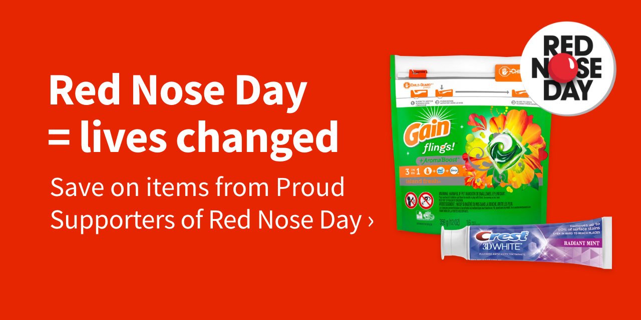 Red Nose Day = lives changed. Save on items from Proud Supporters of Red Nose Day