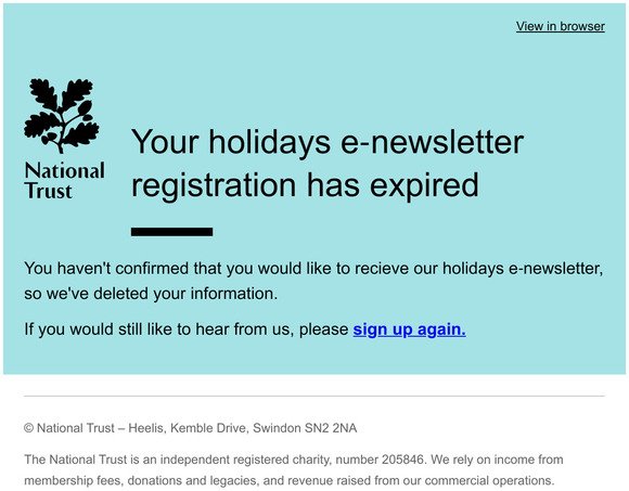 National Trust Holidays e-Newsletter - Account Removal Notification