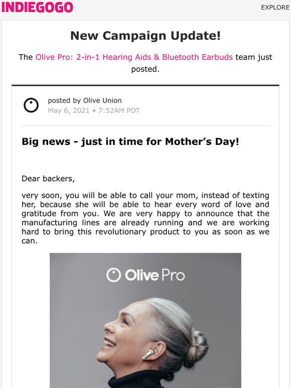 Indiegogo Update 16 from Olive Pro 2in1 Hearing Aids & Bluetooth