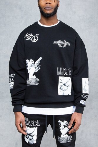 Enemies Graffiti Patch Print Oversized Sweatshirt - Black