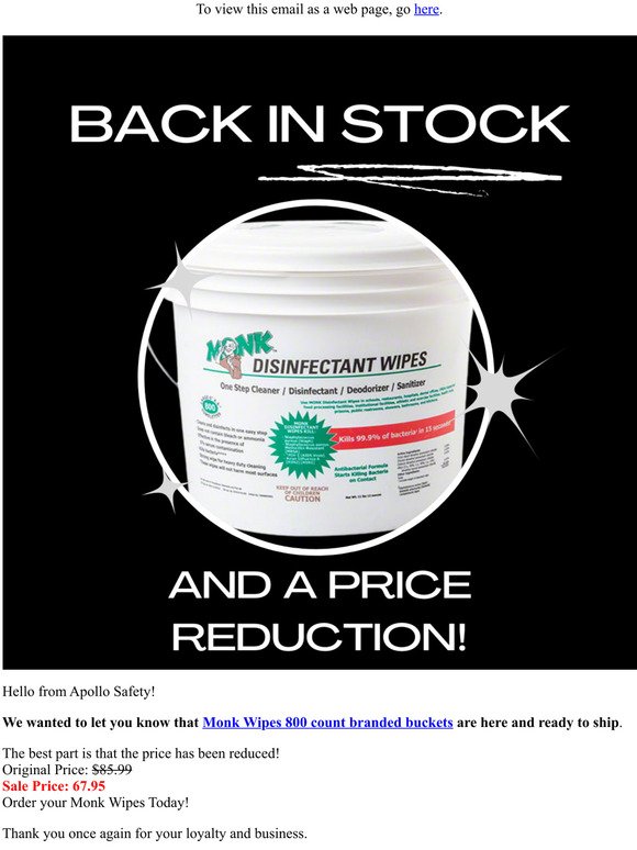 Apollo Safety - 800 Count Monk Disinfectant Wipes Branded Buckets are back in stock!