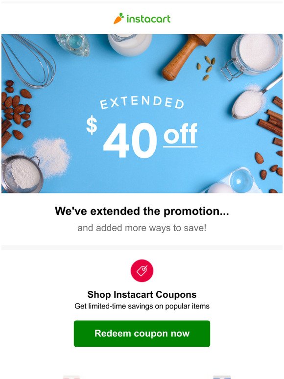 instacart.com: Extended for you: $40 off your first order | Milled