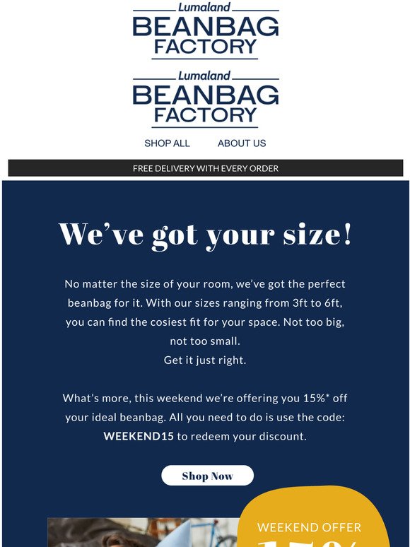 Get 15% off this your new favorite bean bag weekend only!