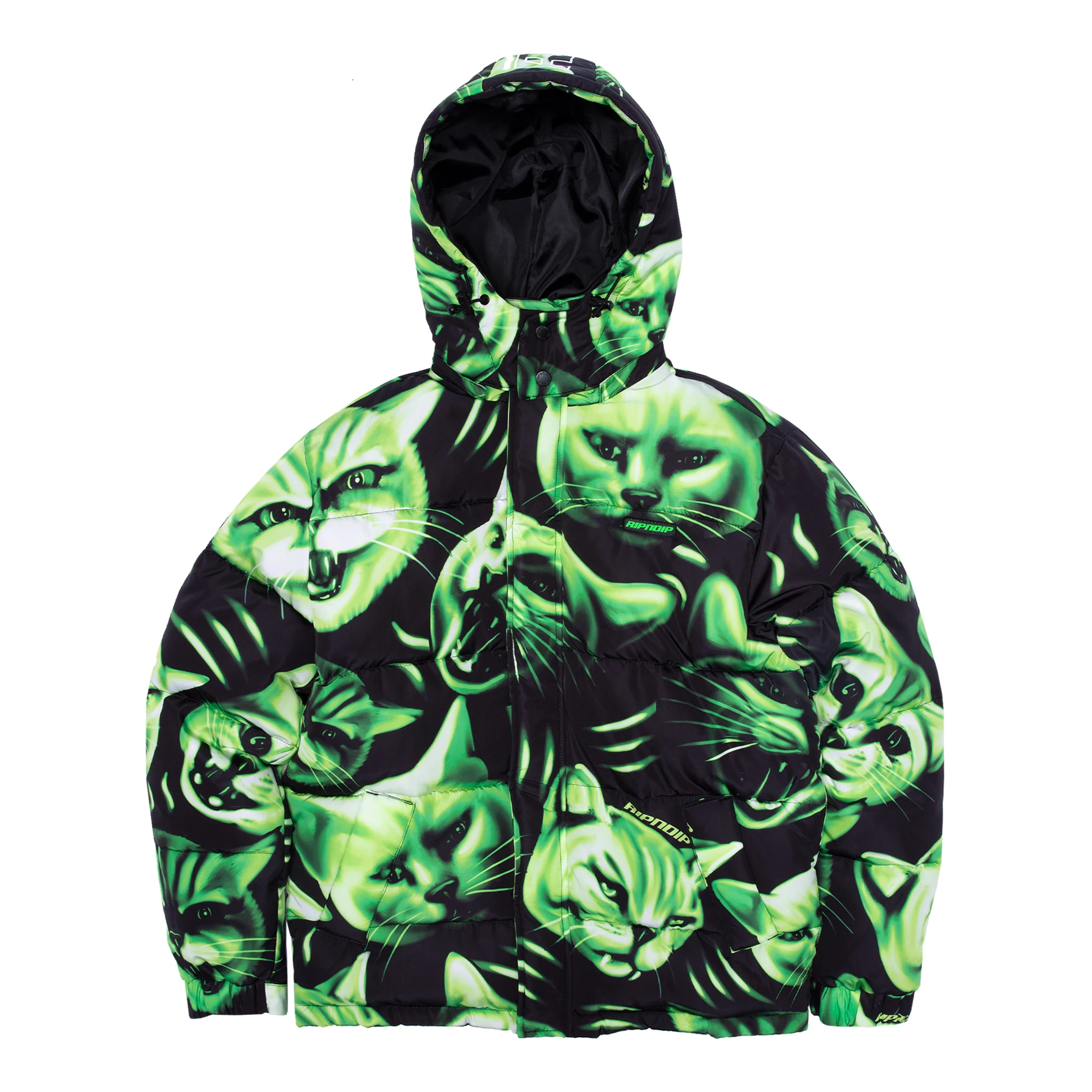 Ripndip Neon Cat Hooded Puffer Jacket in Black with All Over Cat Print