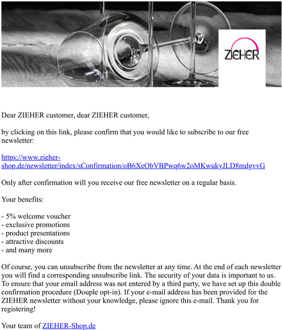 ZIEHER-Shop: Please confirm your newsletter subscription