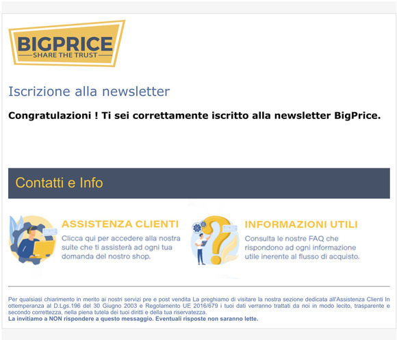 Bigprice: Iscrizione alla newsletter confermata