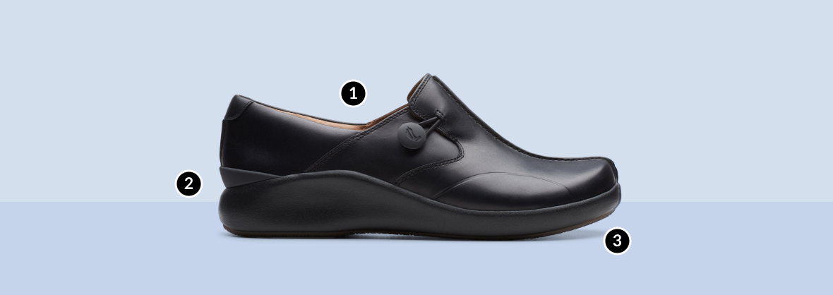 side view of Un Loop 2 Walk in black leather links to product page