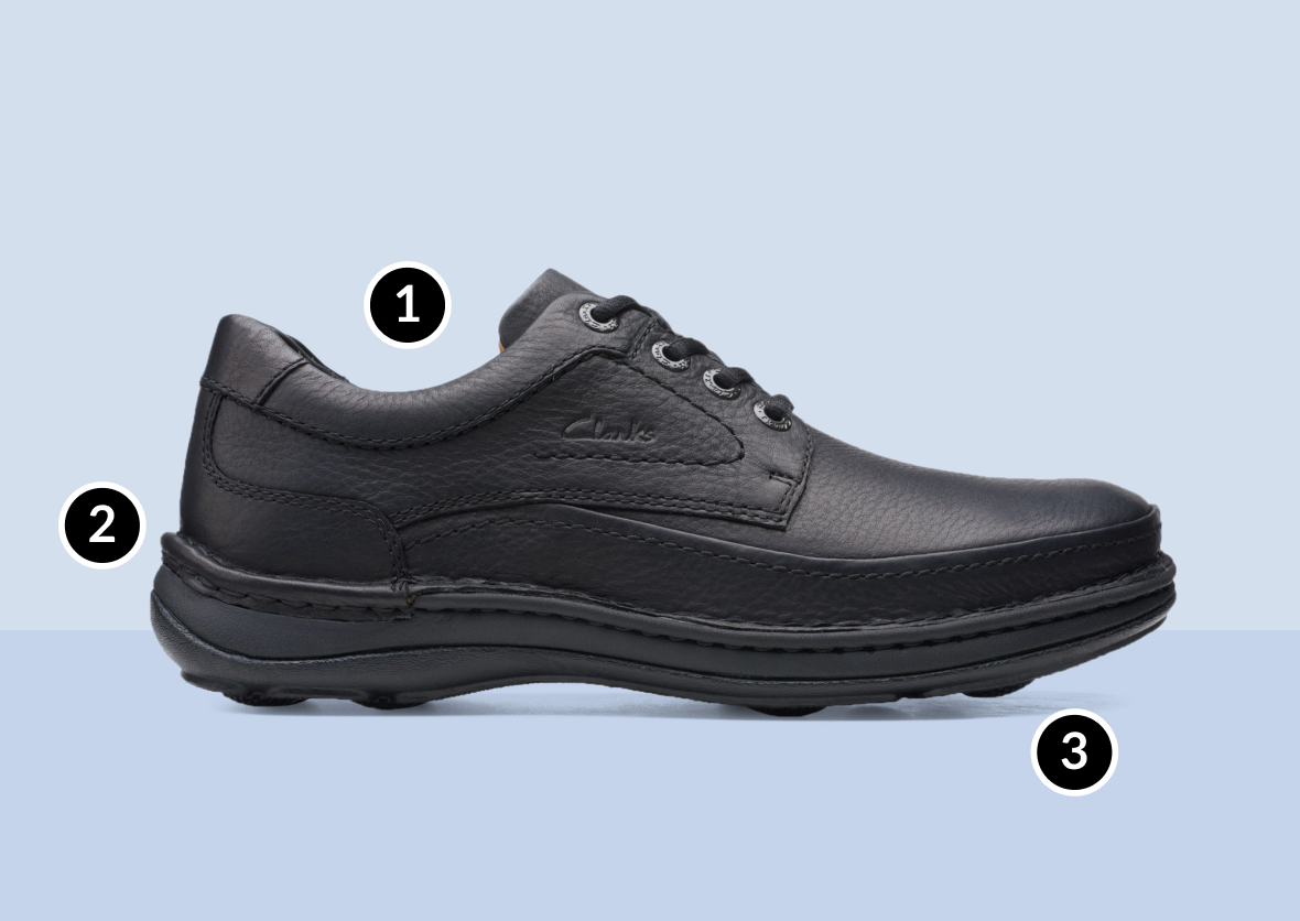 side view of mens shoe Nature Three in black leather links to product page