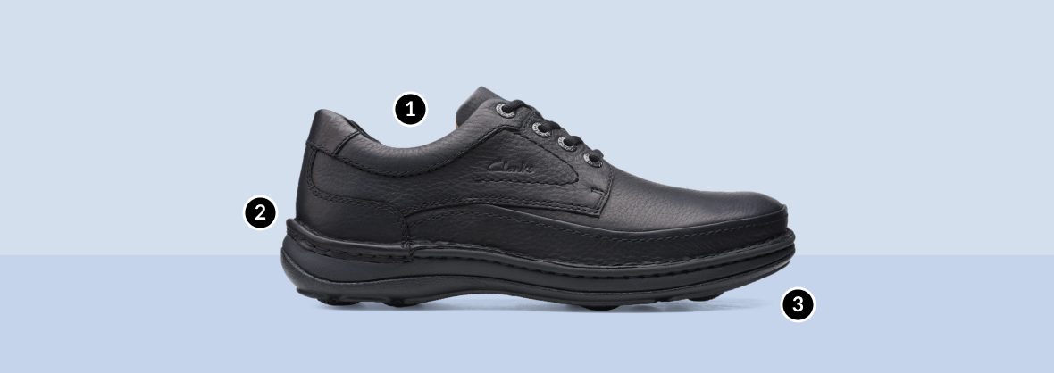 side view of mens shoe Nature Three in black leather links to product page