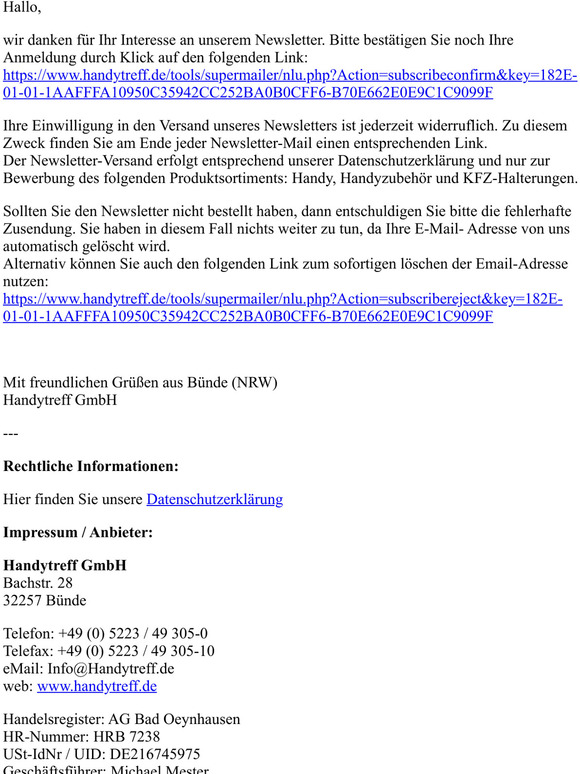Ihre Anmeldung zu unserem Newsletter: www.handytreff.de
