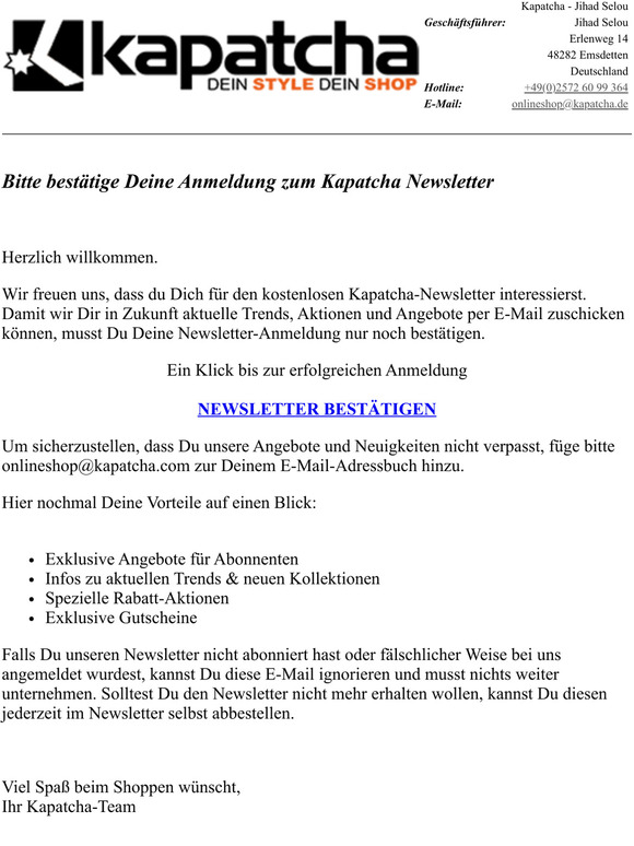Bitte besttige Deine Anmeldung zum Kapatcha Newsletter