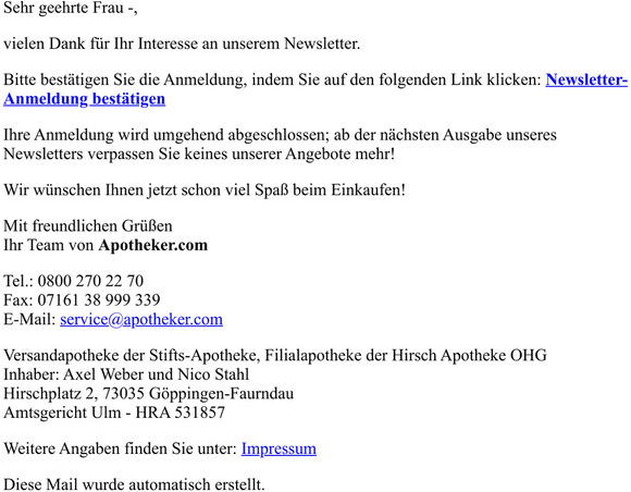 Besttigung Newsletter-Anmeldung von apotheker.com
