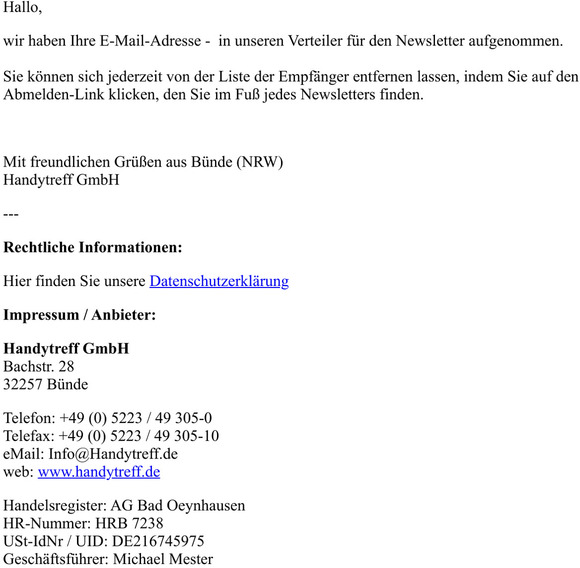 Besttigung der Anmeldung zum Newsletterverteiler: www.handytreff.de