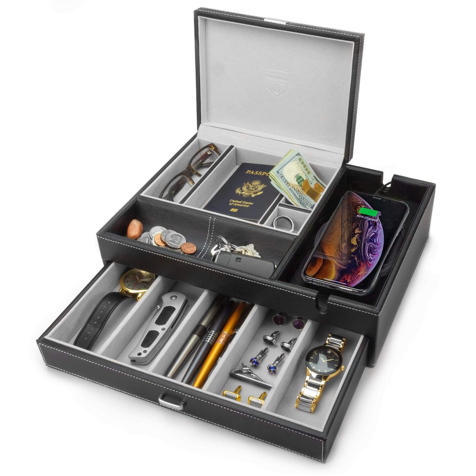Image of The Admiral - Big Dresser Valet Box Organizer with Large Smartphone Charging Station