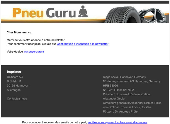 Confirmation d'inscription  la newsletter - https://www.pneu-guru.fr