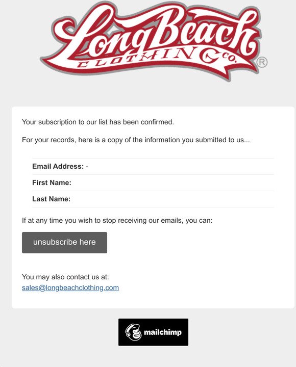 Long Beach Clothing Co.: Subscription Confirmed