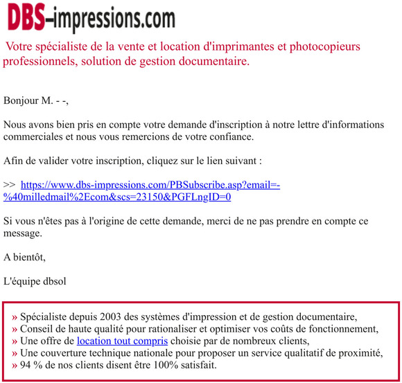 Newsletter - Confirmation d'abonnement pour dbs-impressions.com
