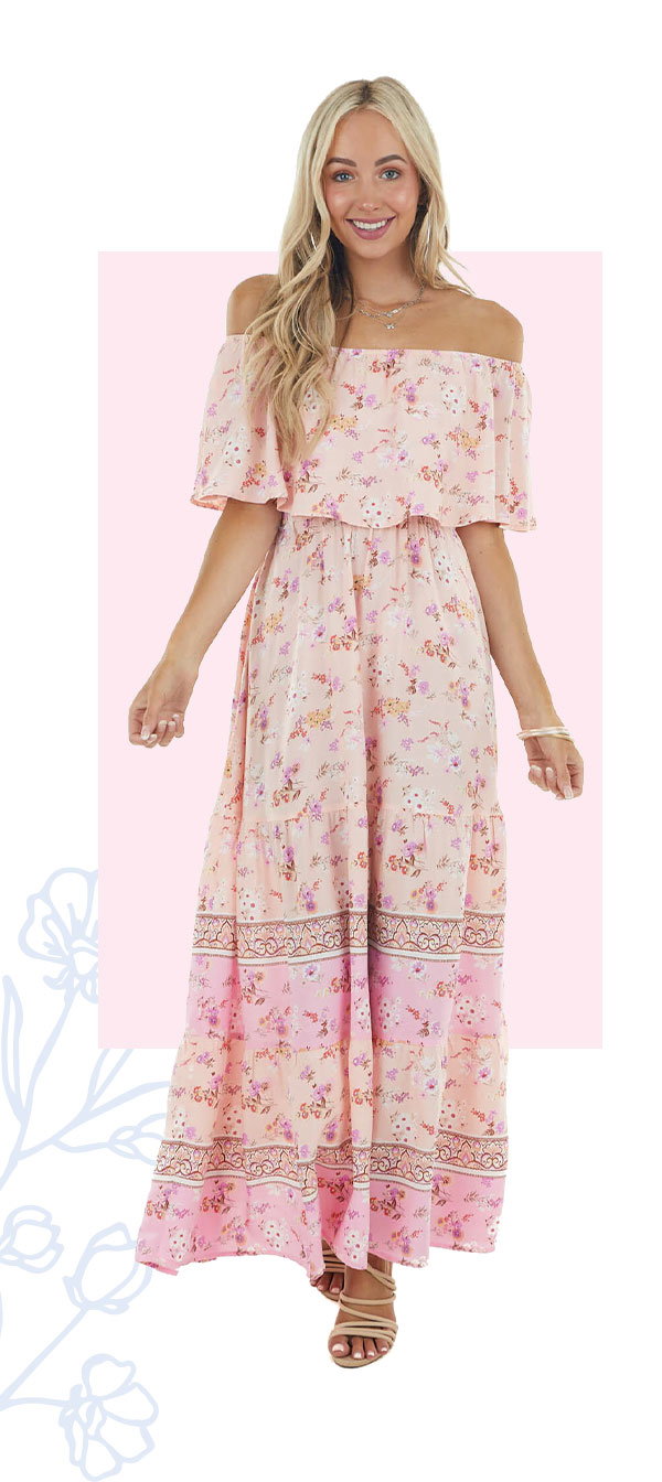 Light Peach Floral Print Off Shoulder Woven Maxi Dress