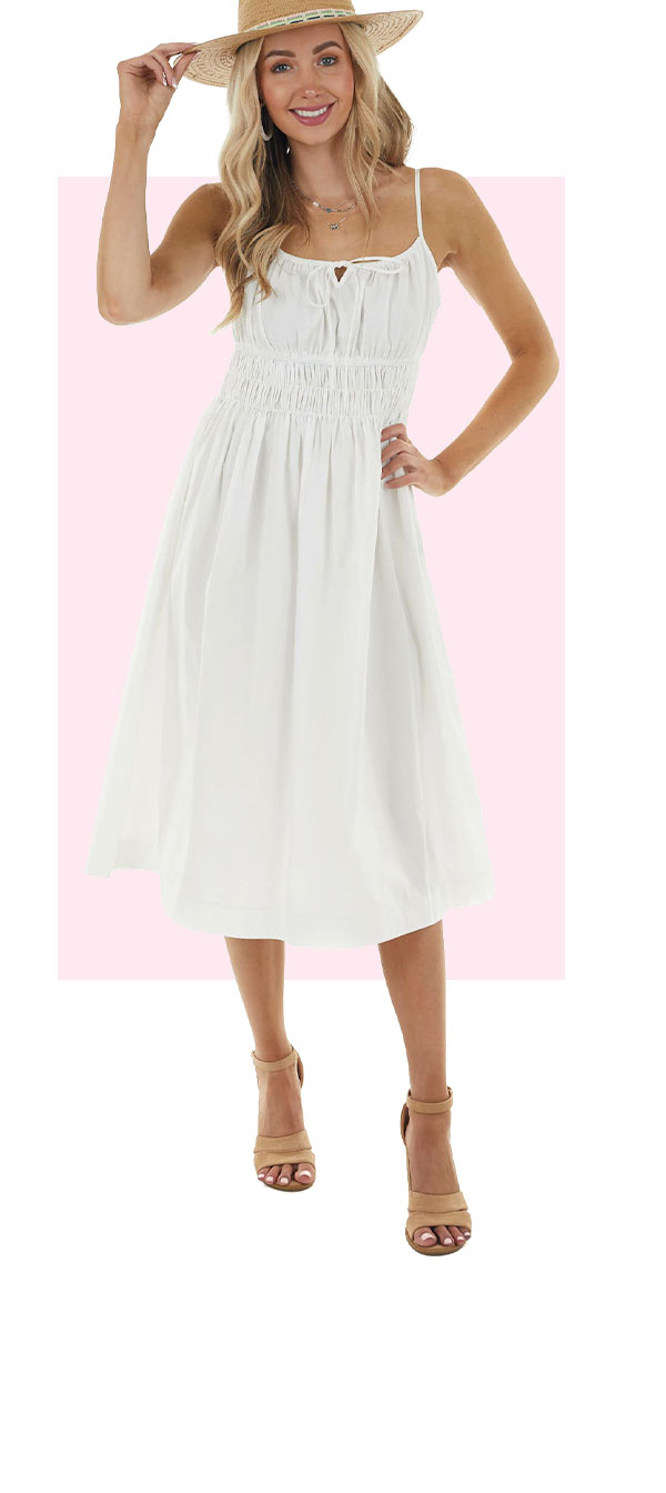 Off White Sleeveless Midi Dress With Smocked Waistline