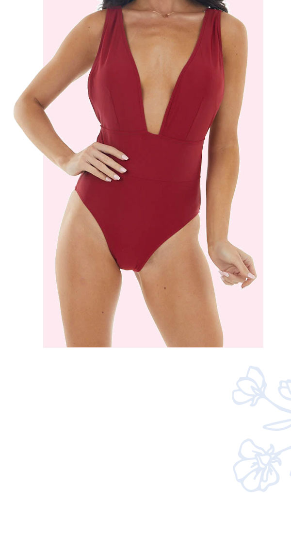 Dark Cherry Plunging Neckline One Piece Open Back Swimsuit