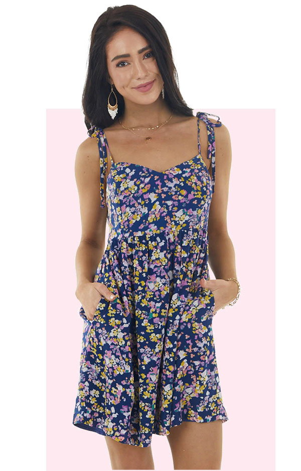 Navy And Floral Print Woven Skater Dress With Tie Straps
