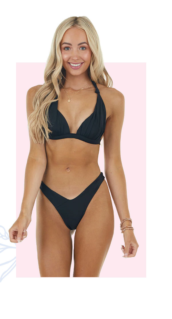 Black High Leg Tied Strap Bikini Set With Knot Details