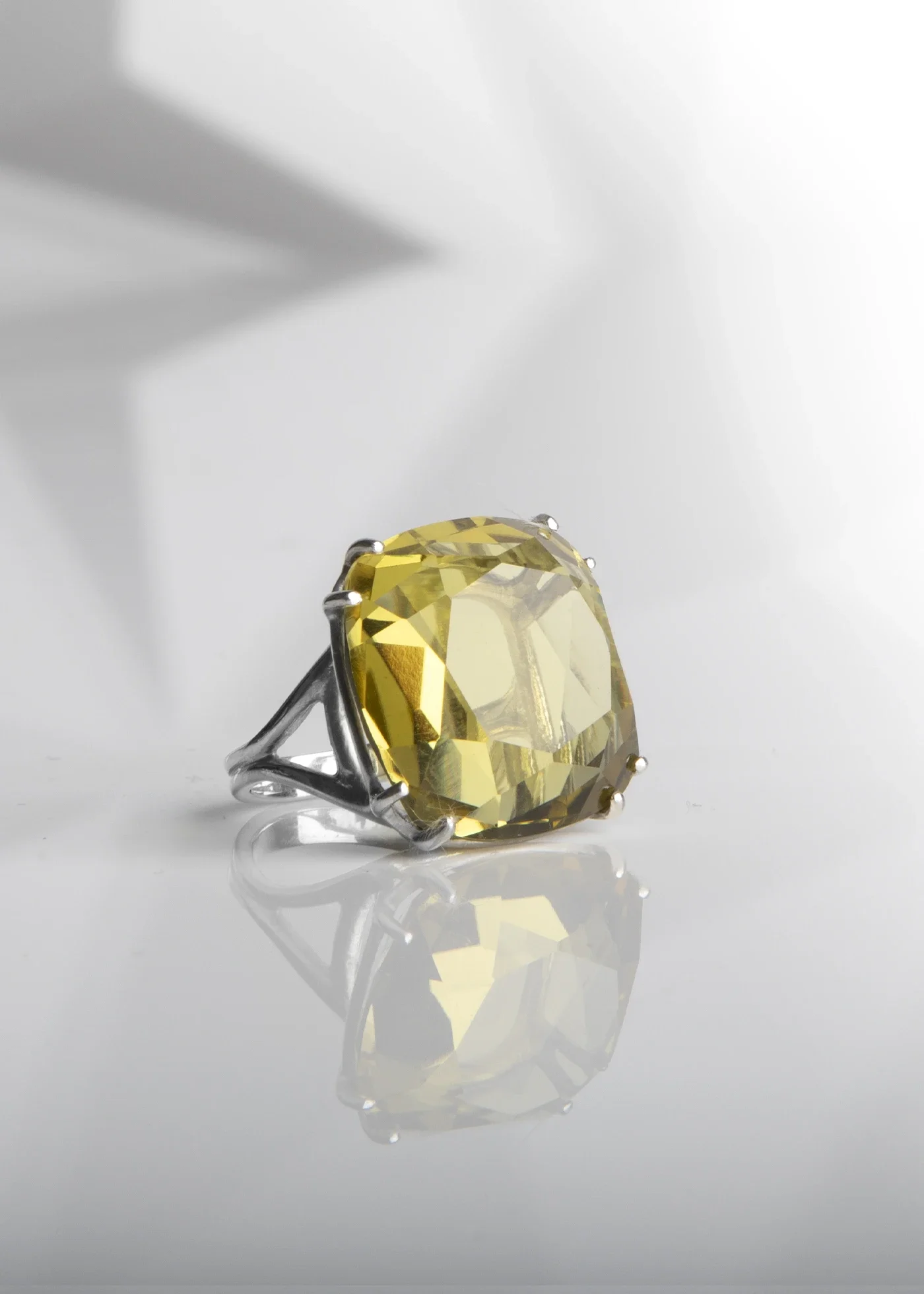 Lime Citrine Sterling Cocktail Ring, 34 Carat Cushion Cut