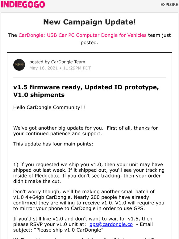 Indiegogo: Update #22 from CarDongle: USB Car PC Computer Dongle