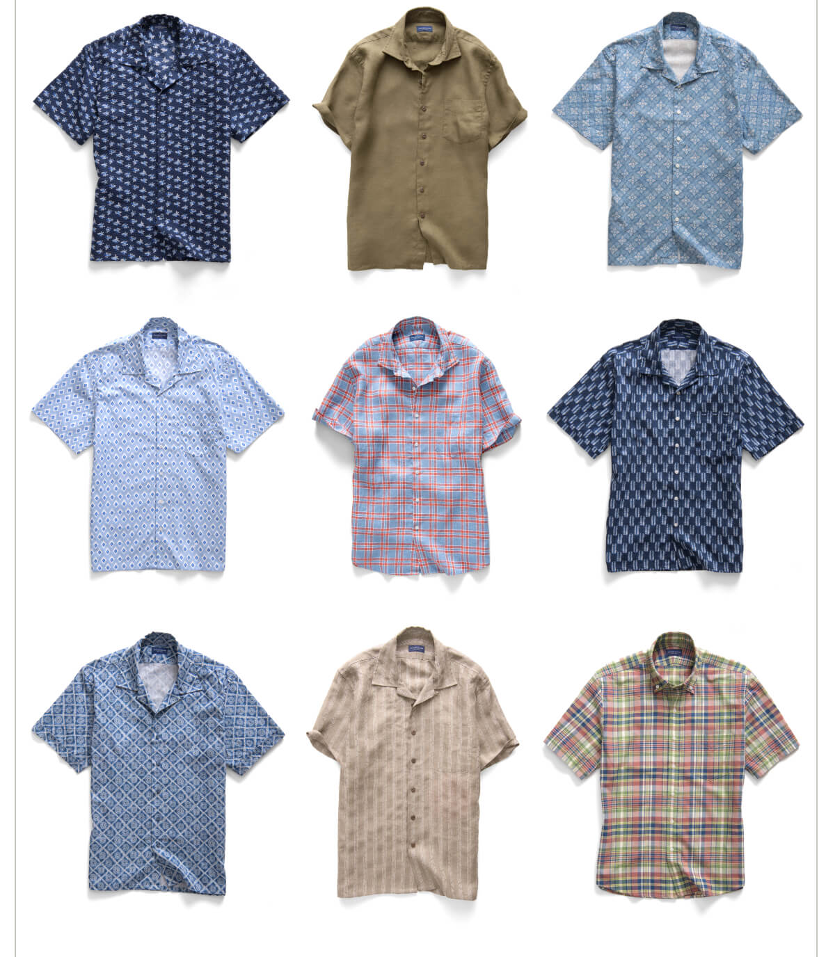 a 3x3 grid of short sleeve shirts laid down