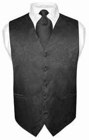 Men's Paisley Design Dress Vest & NeckTie BLACK Color Neck Tie Set for Suit Tux
