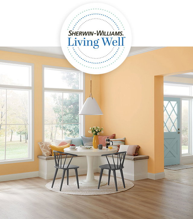 Sherwin Williams Living Well logo. Image of dining area painted in August Moon.