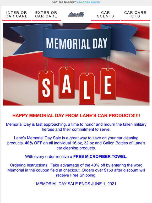 Lane's Memorial Day Sale 40% Off & FREE Microfiber Towel
