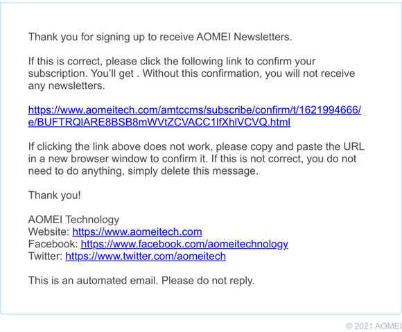 Request for confirmation: AOMEI Newsletter Subscription and $5 Coupon