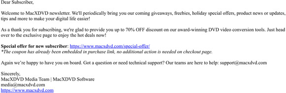 Youve subscribed MacXDVD Newsletter Successfully! Get 70% OFF Deals Now