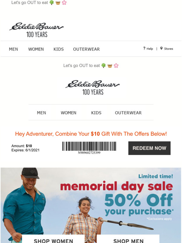 Eddie Bauer 50 Off PicnicReady Apparel & Gear. Exclusions apply