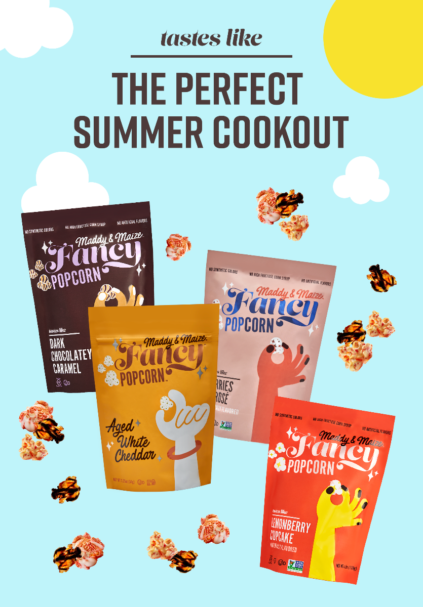 Graphic that says "tastes like the perfect summer cookout" with a blue sky, clouds that look like popcorn, a sun, and Maddy & Maize popcorn bags.