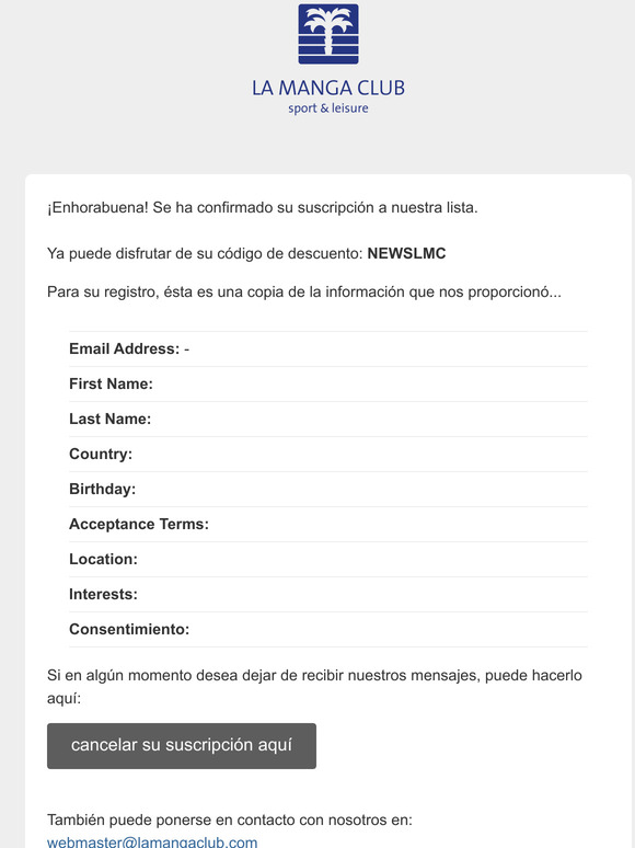 Newsletter La Manga Club (Ingls): Suscripcin confirmada