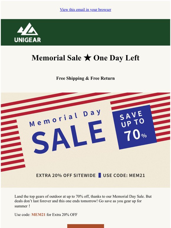 Act Fast!  One Day Left for  Memorial Day Sale