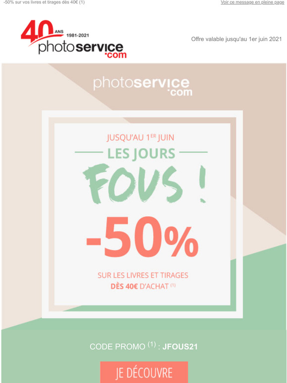 Jours Fous : -50% sur vos livres et tirages ! (1)