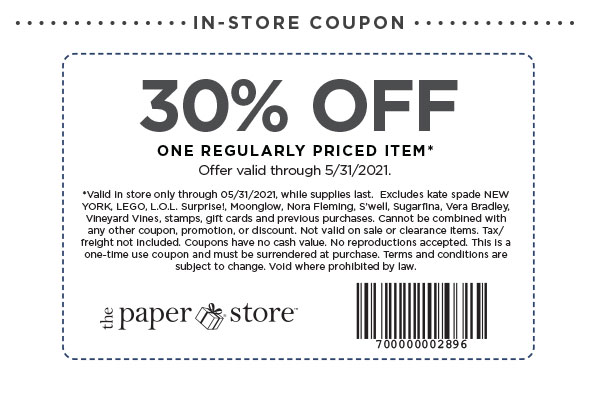IN store only save 30% off one regularly priced item* with coupon. Find a store.