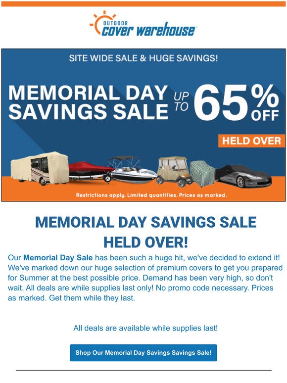 Save up to 65% off during our Memorial Day Saving Sale -Held Over!