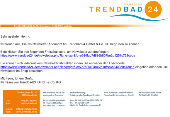 Ihr Newsletter Freischaltcode von Trendbad24 GmbH & Co. KG