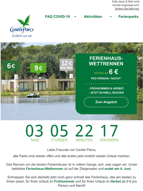 Alle Parks sind wieder geffnet! Urlaub ab 6  pro Person und Nacht